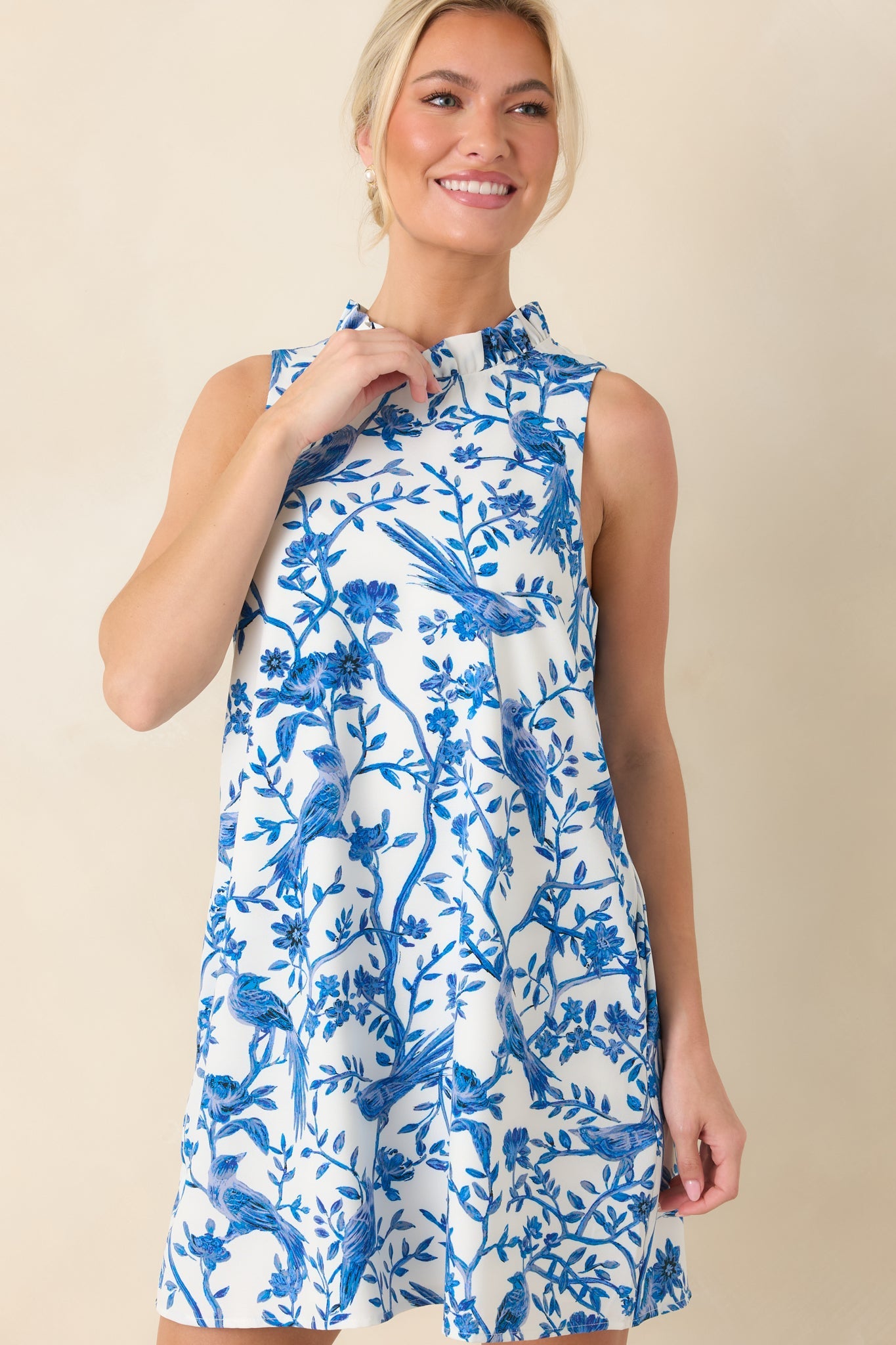 Garden Song Blue & White Bird Print Sleeveless Mock Neck Mini Dress