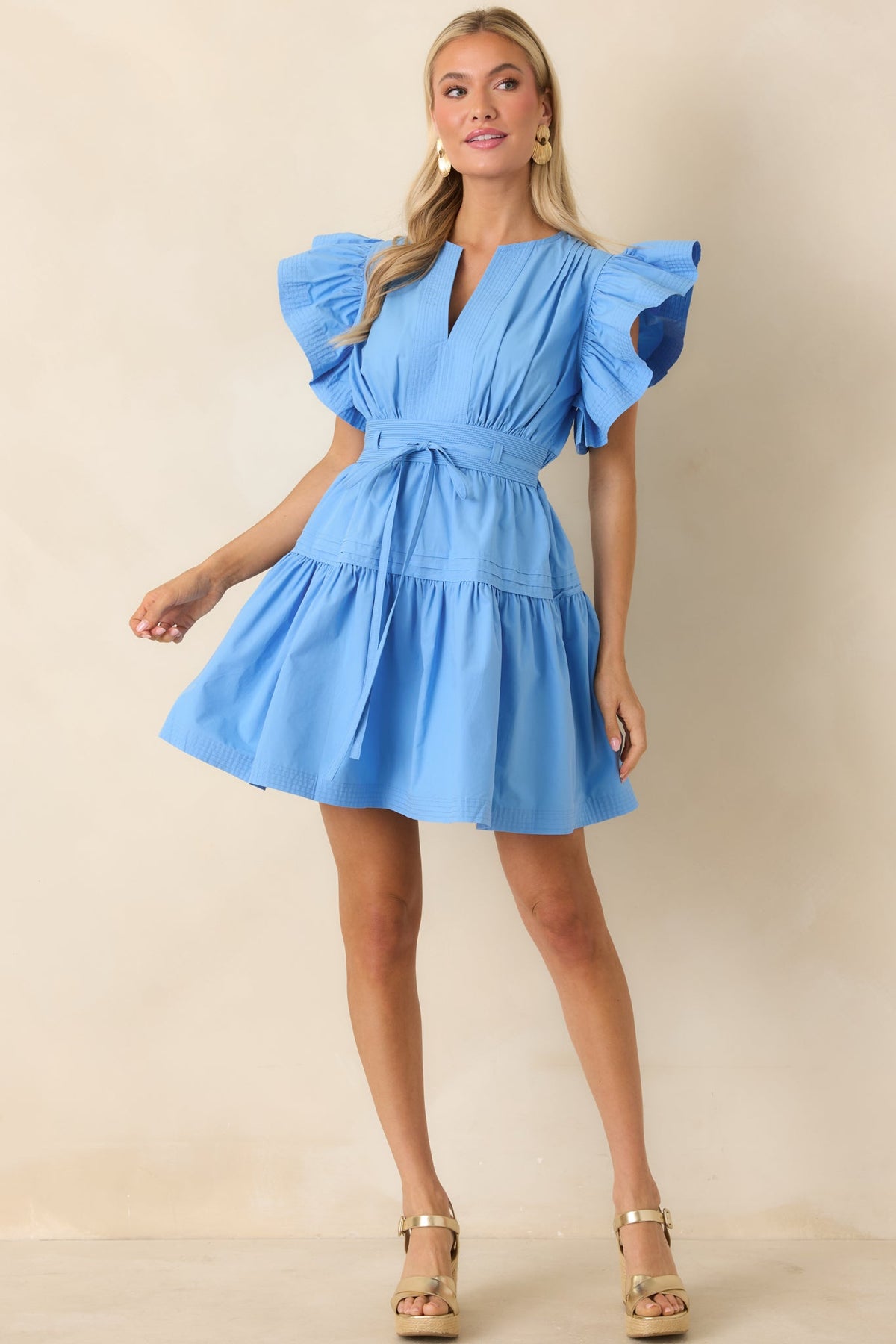 What a Lovely Day Blue Cotton Flutter Sleeve Tie Waist Mini Dress