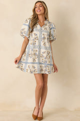 Garden Lattice Ivory Multi Cotton Floral Tile Print Mini Dress
