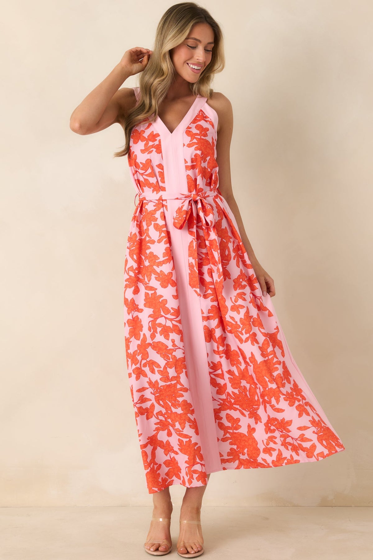 Living For It Orange & Light Pink Floral V-Neck Tie Belt Dress
