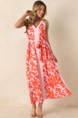 Living For It Orange & Light Pink Floral V-Neck Tie Belt Dress