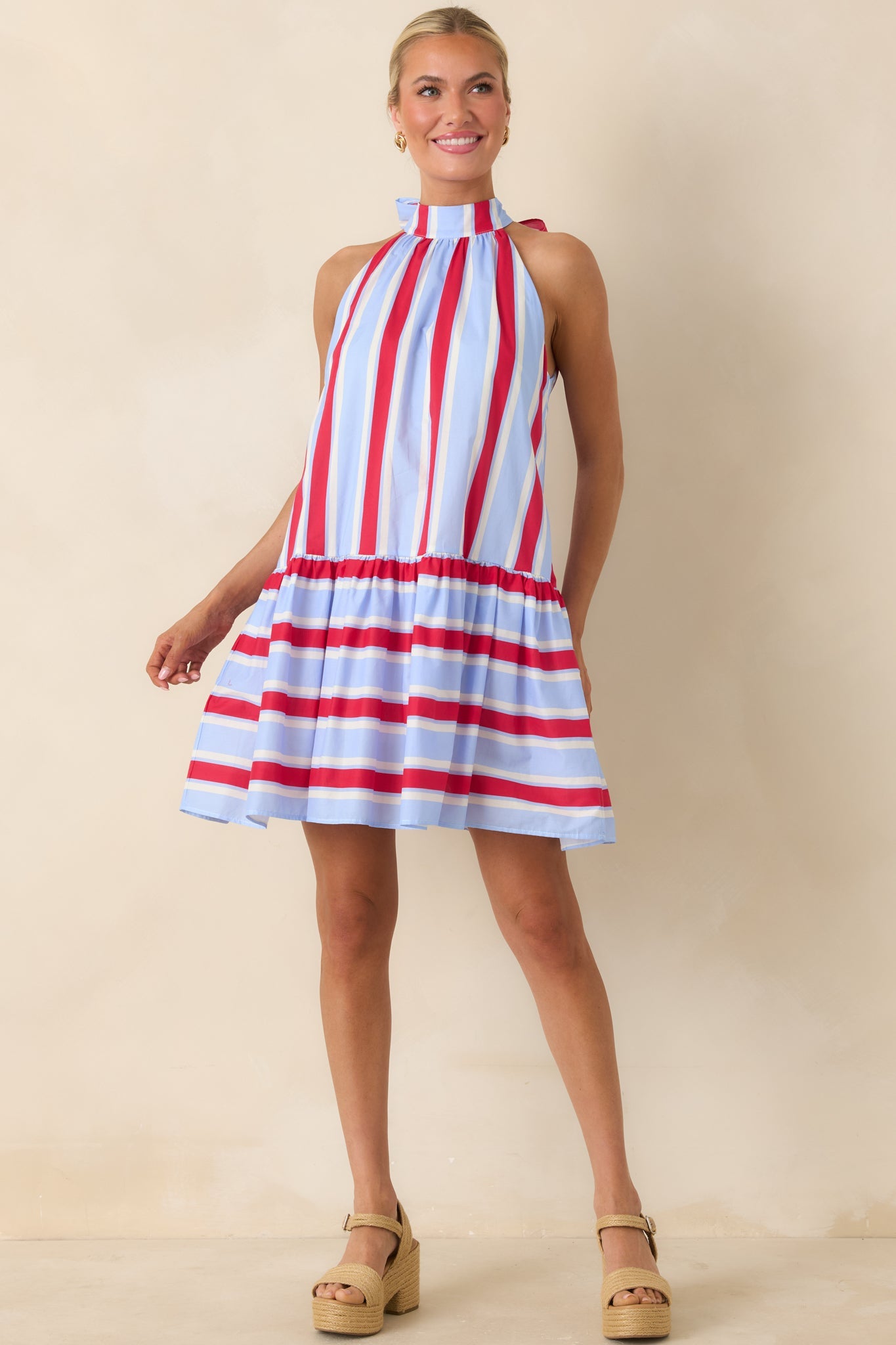 Made for Fireworks Red & Light Blue Stripe Cotton Halter Tiered Mini Dress