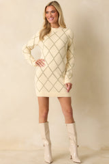 Bright On Arrival Ivory Knit Metallic Argyle Sweater Dress
