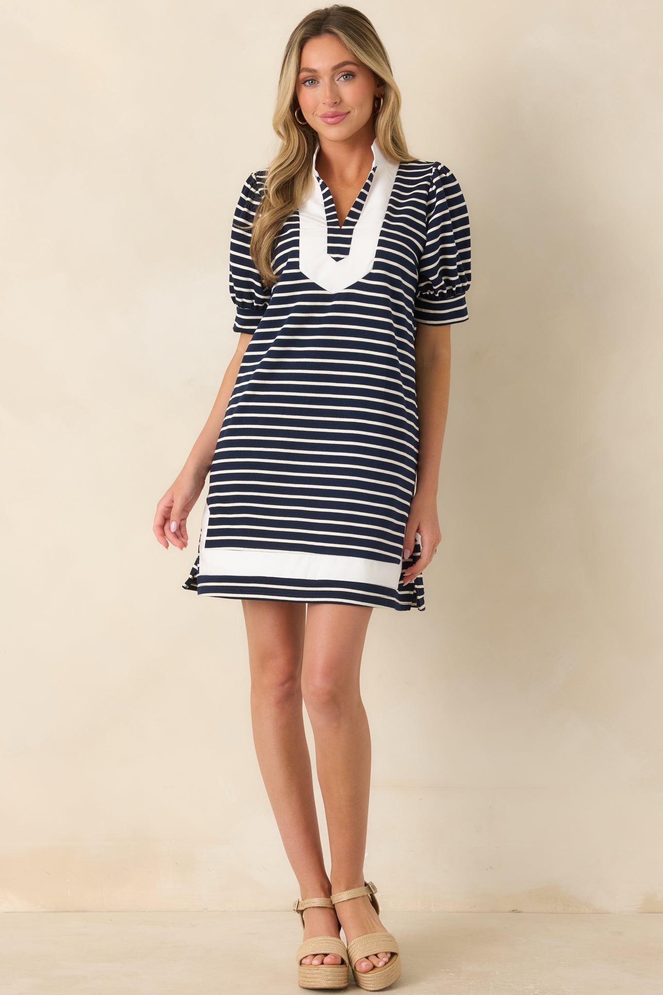 Easy Days Only Navy Stripe Puff Sleeve Mini Dress