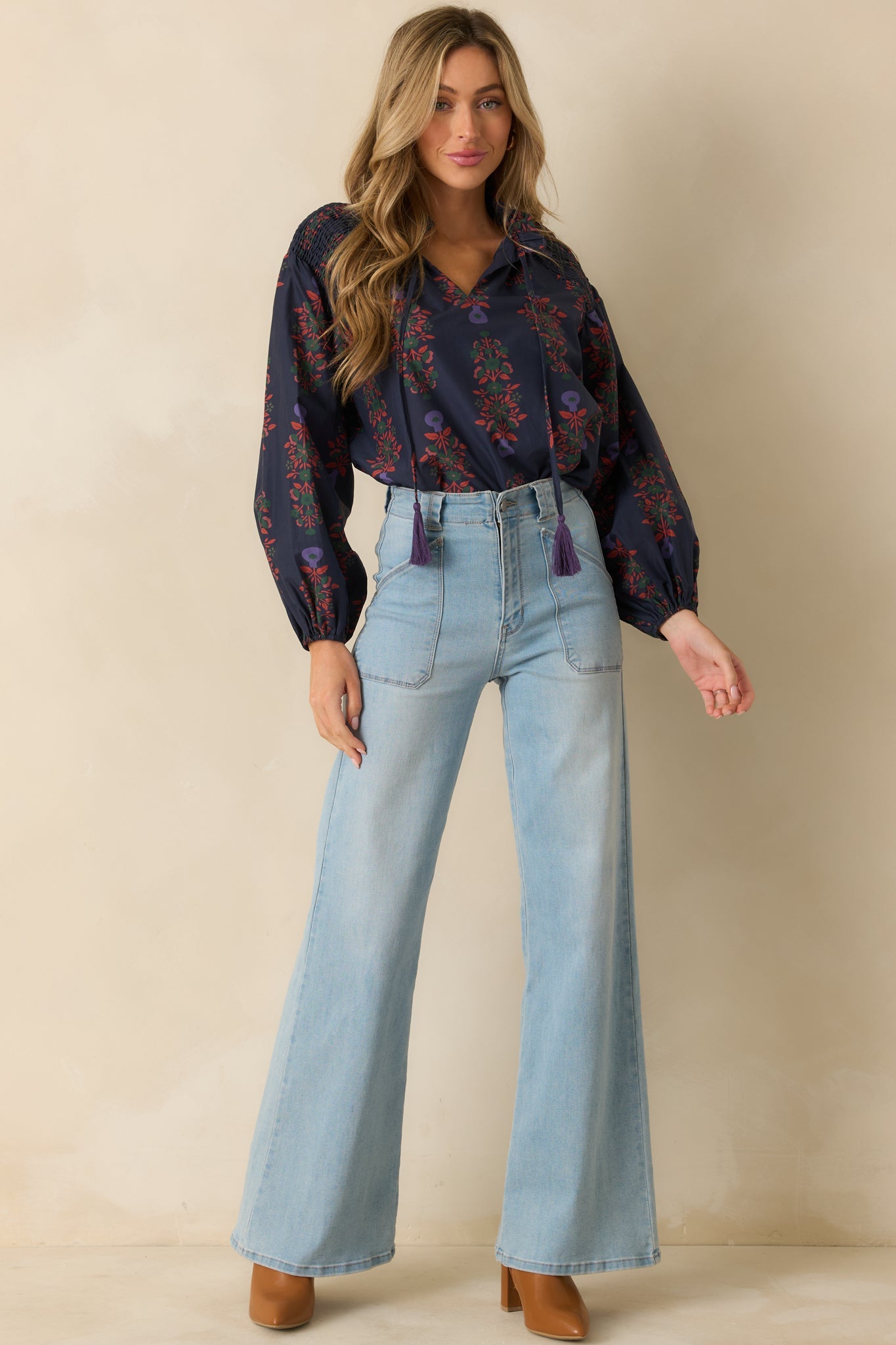 Starlit Garden Navy Multi Floral Print Cotton Peasant Top