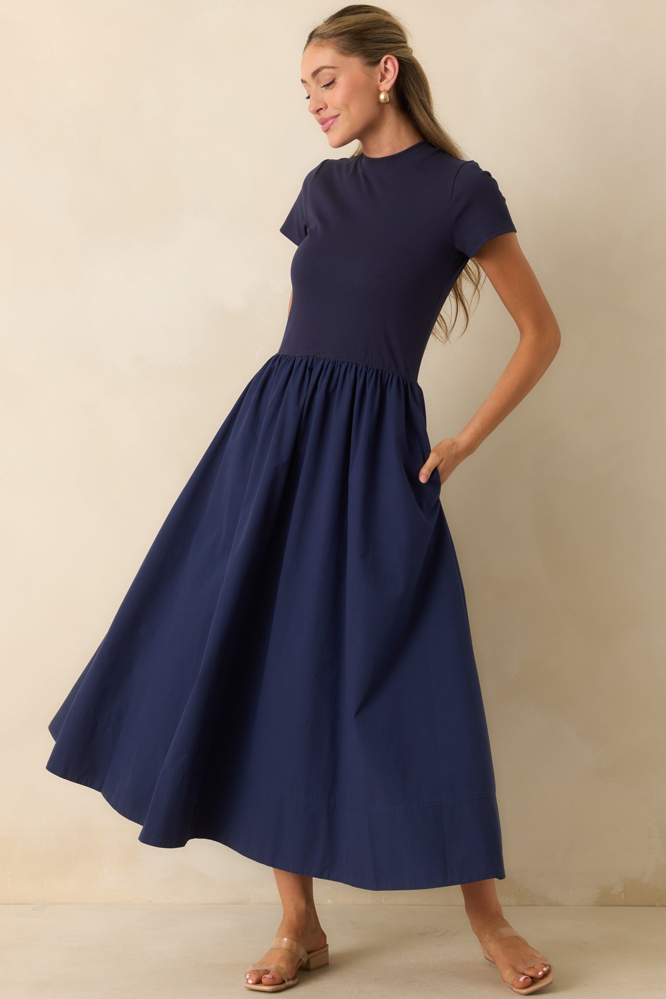 Prosperina Aria Navy Cotton Short Sleeve Midi Dress