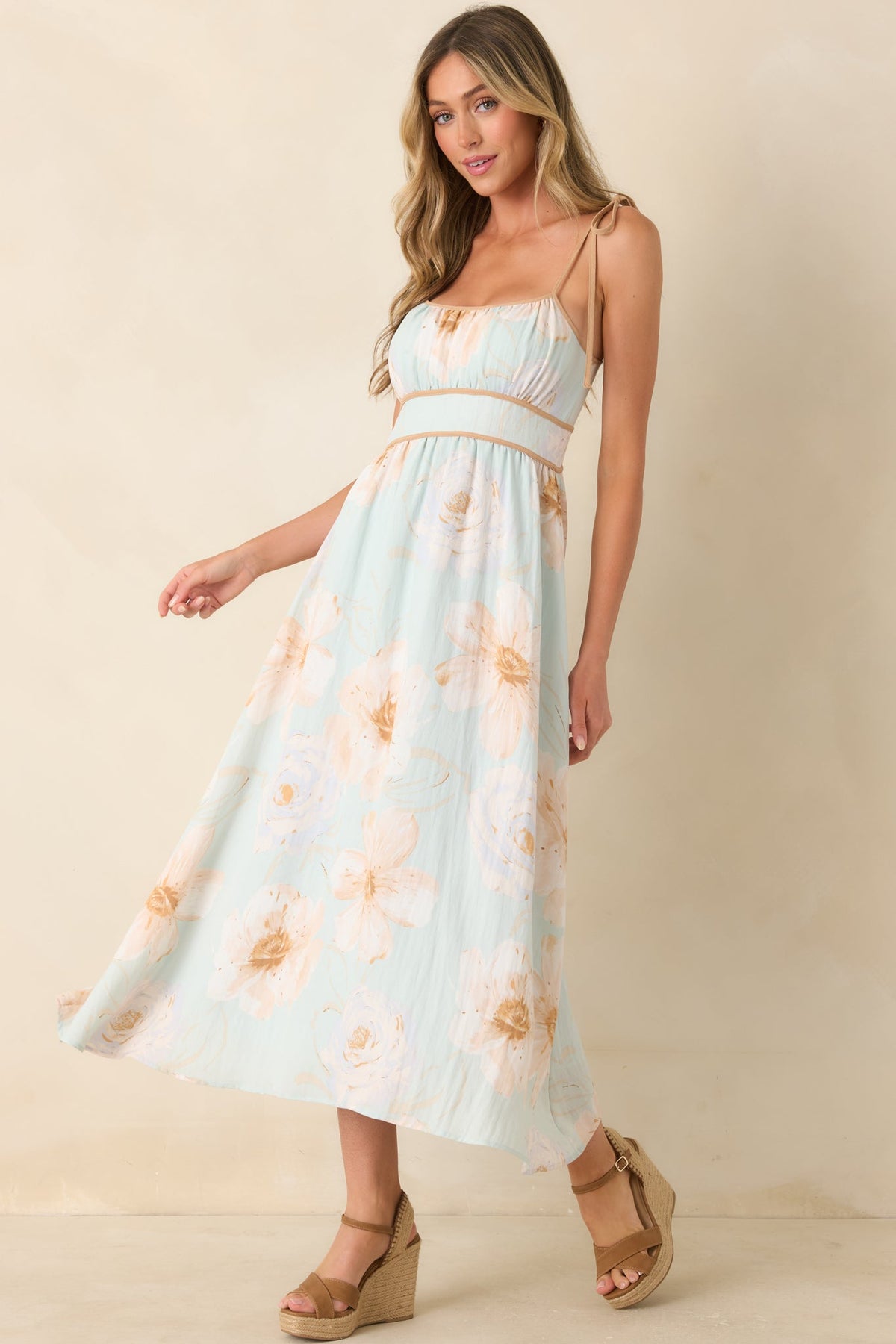 Blooming in Watercolor Mint Green Floral Tie Strap Midi Dress