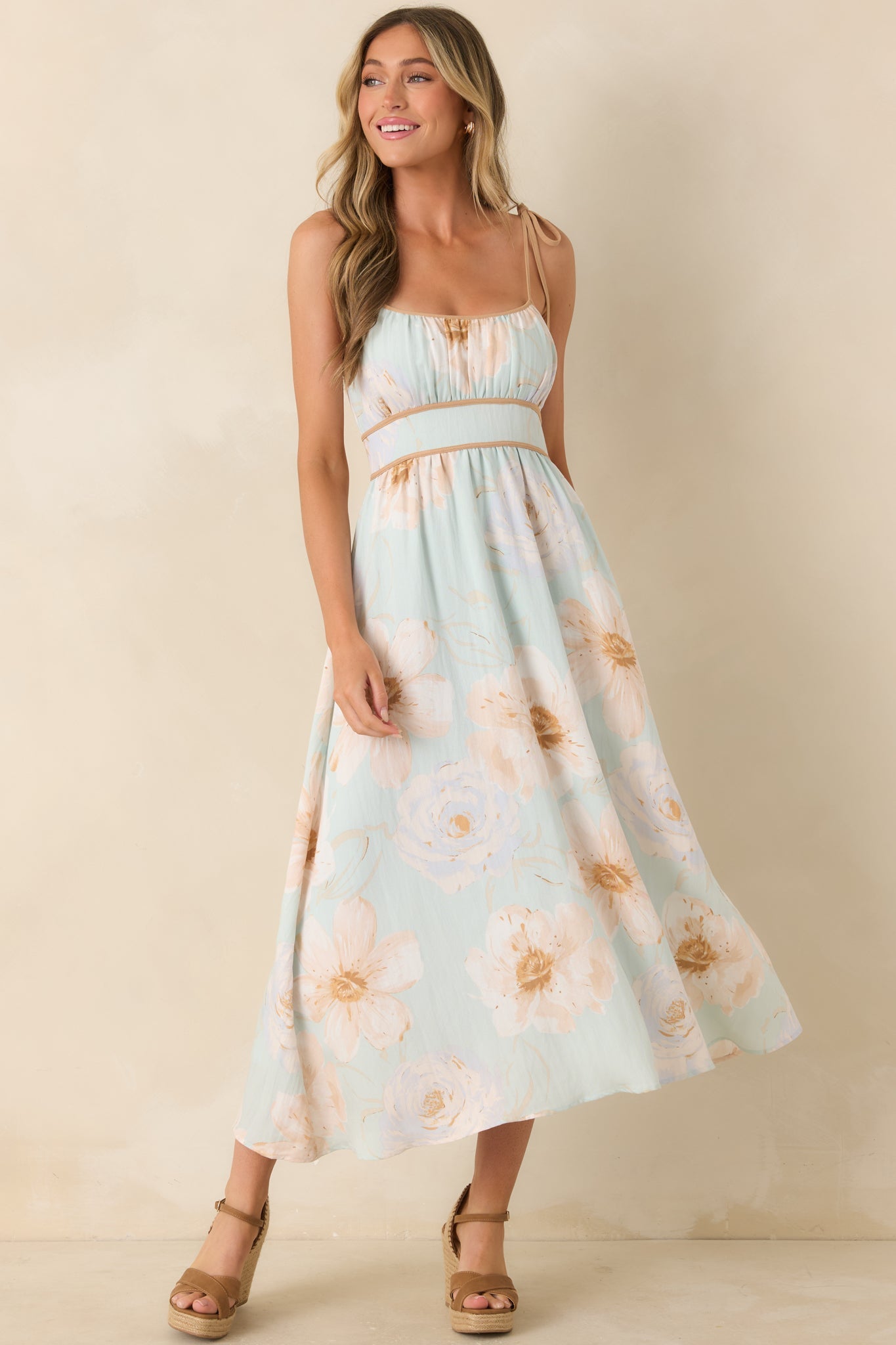 Blooming in Watercolor Mint Green Floral Tie Strap Midi Dress