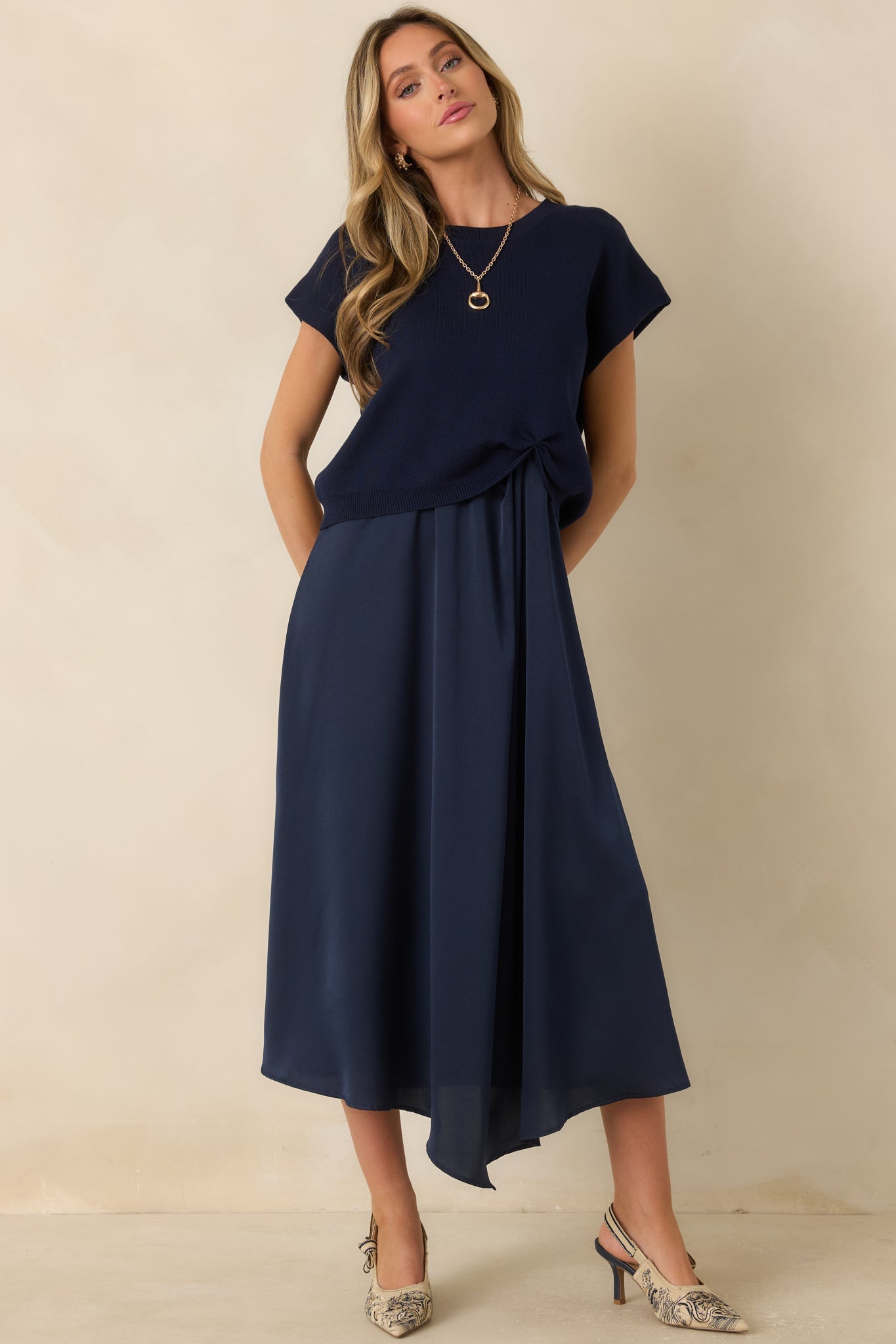 Easy Confidence Navy Knit & Satin Sleeveless Midi Dress