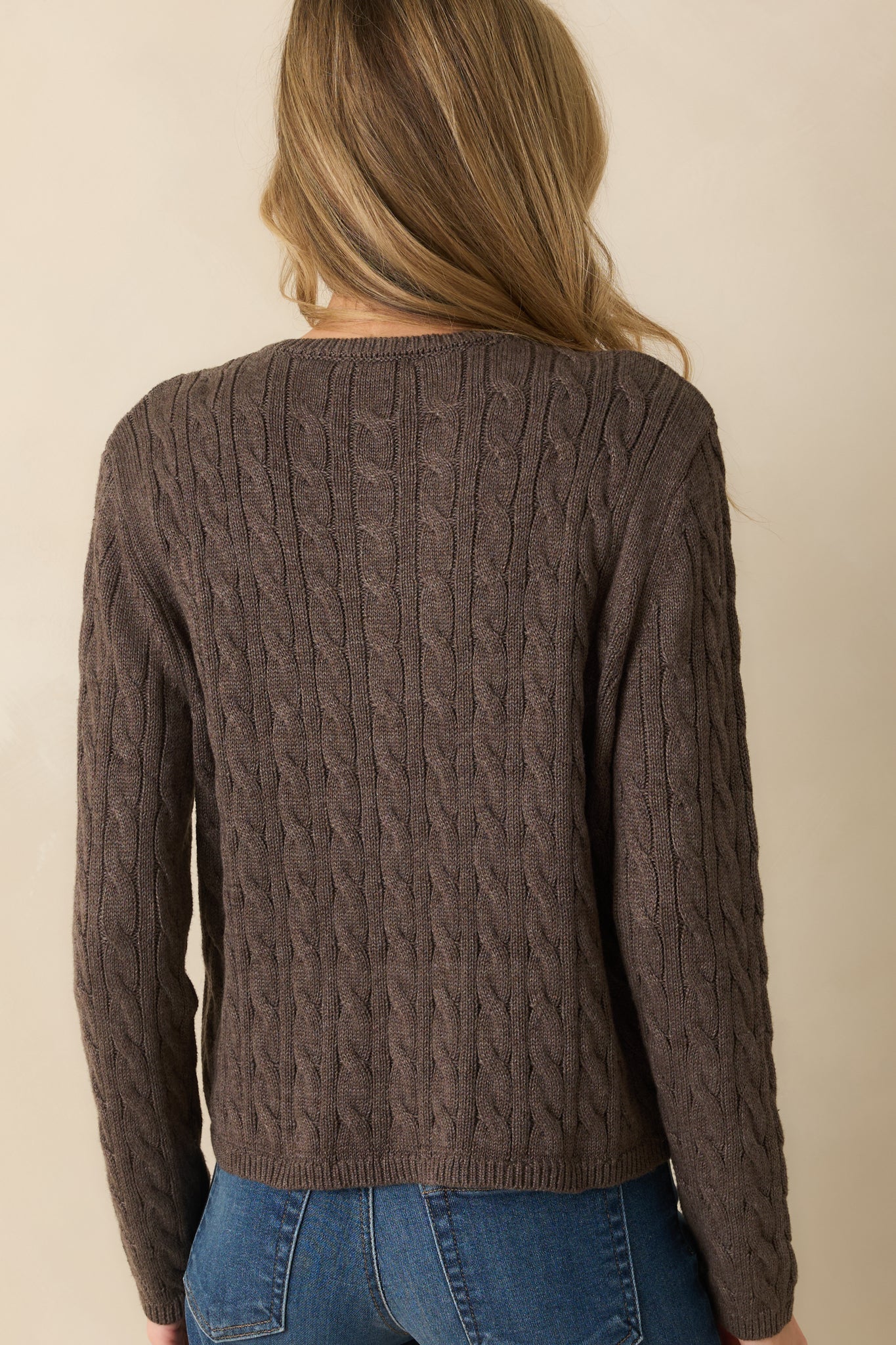 On My Terms Dark Mocha Brown Cable Knit Bear Embroidered Cardigan