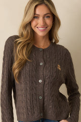 On My Terms Dark Mocha Brown Cable Knit Bear Embroidered Cardigan