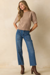 Warm Intuition Mocha Knit Embroidered Puff Sleeve Sweater