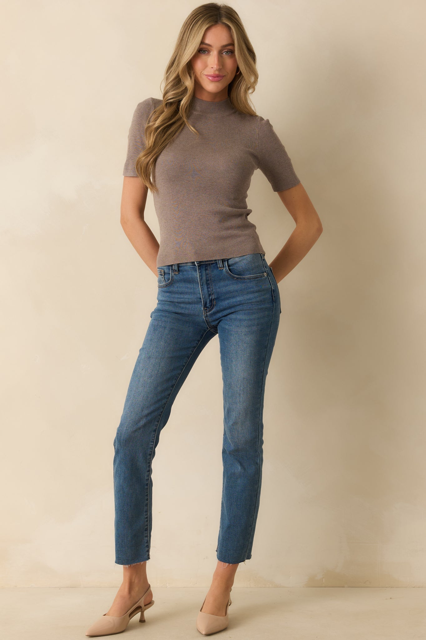 Without Thinking Dark Taupe Ribbed Mock Neck Short Sleeve Top