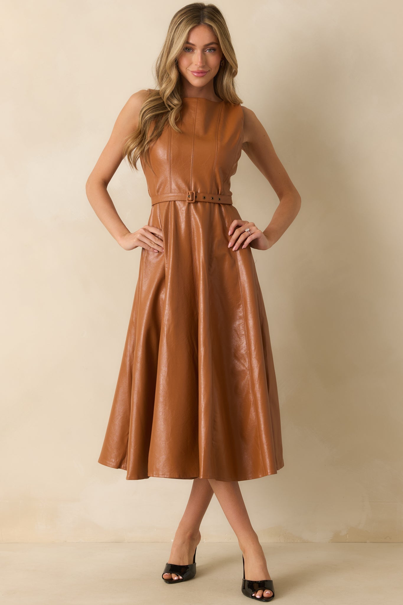 End Of Discussion Caramel Brown Faux Leather Belted Maxi Dress