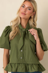 Signature Style Moss Green Tie Neck Peplum Blouse
