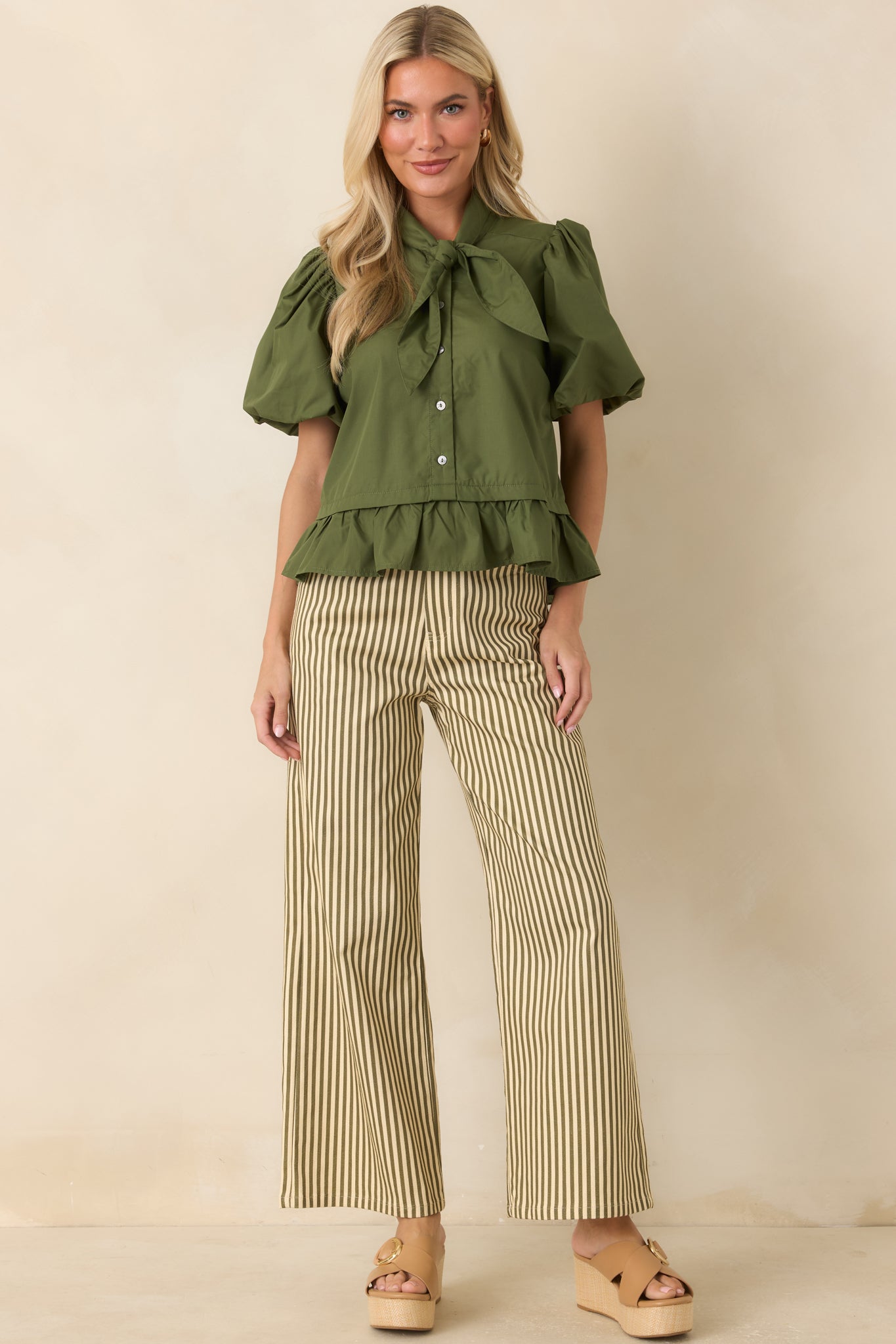 Signature Style Moss Green Tie Neck Peplum Blouse