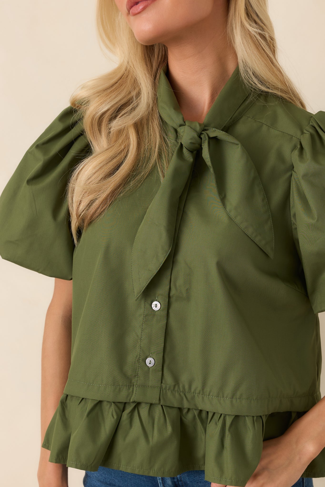 Signature Style Moss Green Tie Neck Peplum Blouse