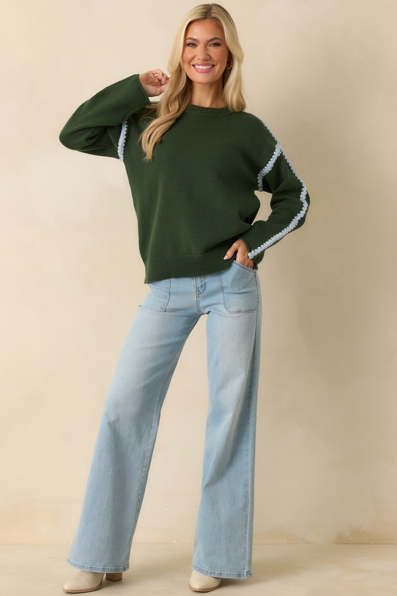 Along The Lines Moss Green Cotton Knit Crochet Trim Sweater