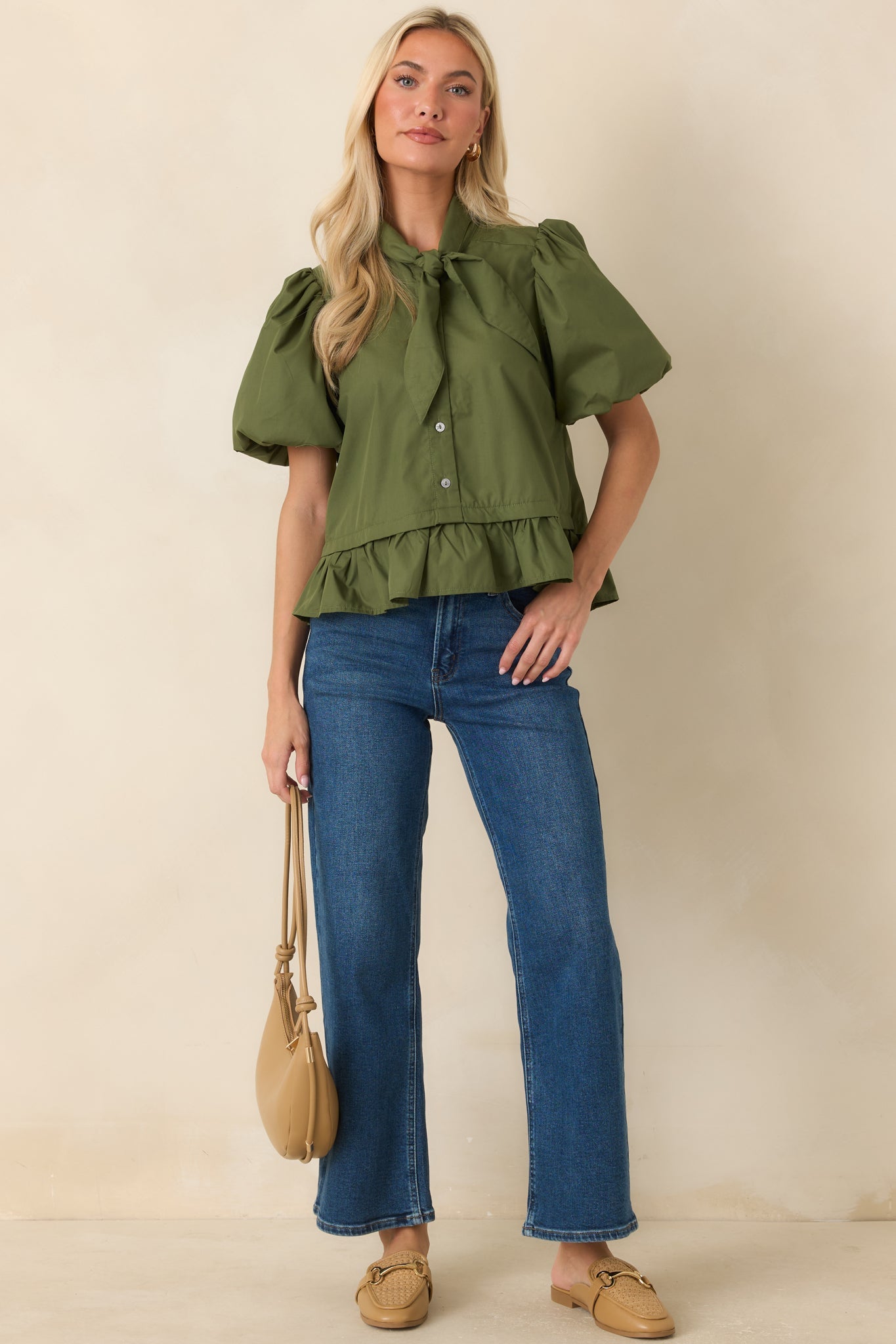 Signature Style Moss Green Tie Neck Peplum Blouse