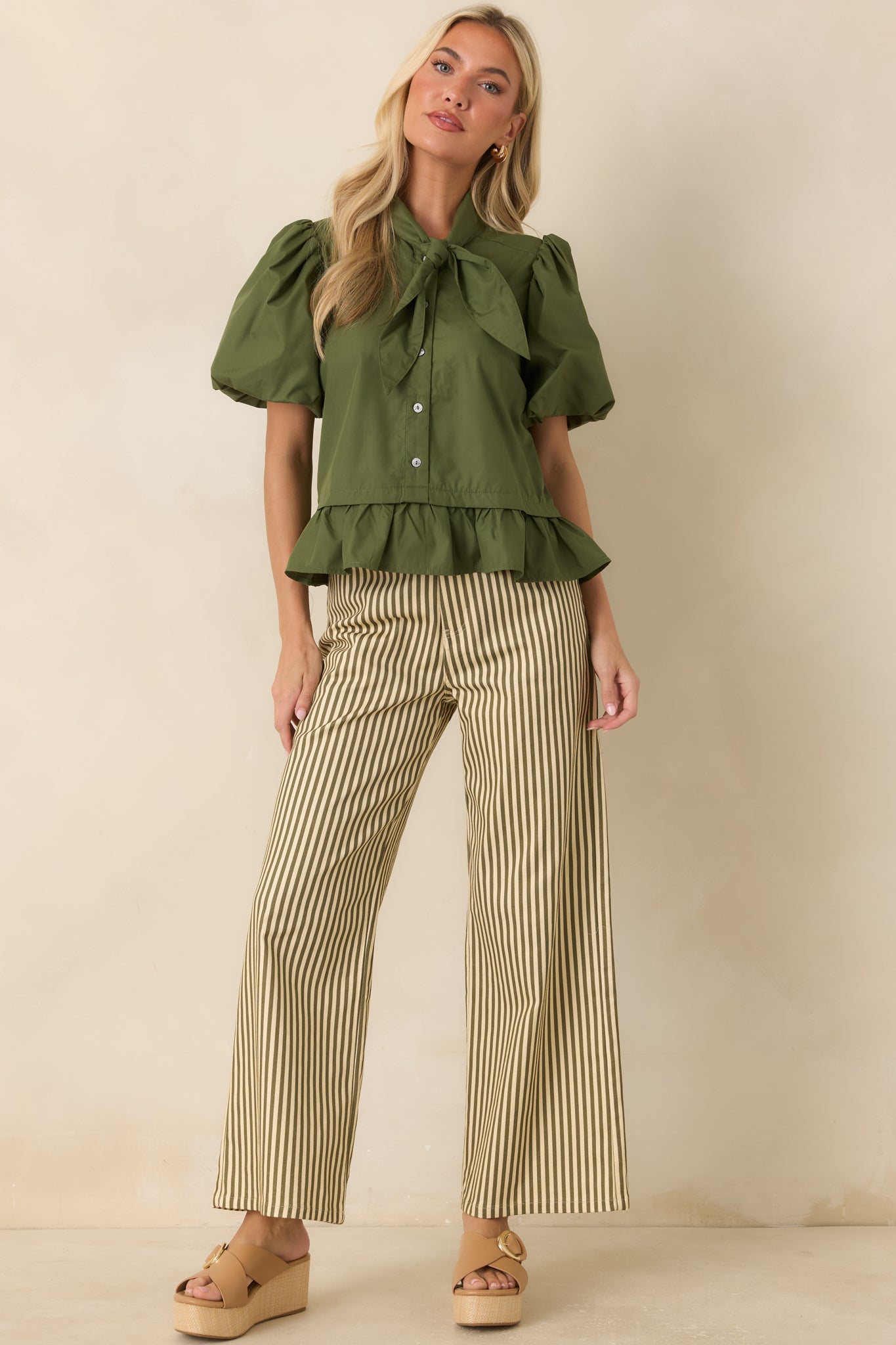 Signature Style Moss Green Tie Neck Peplum Blouse