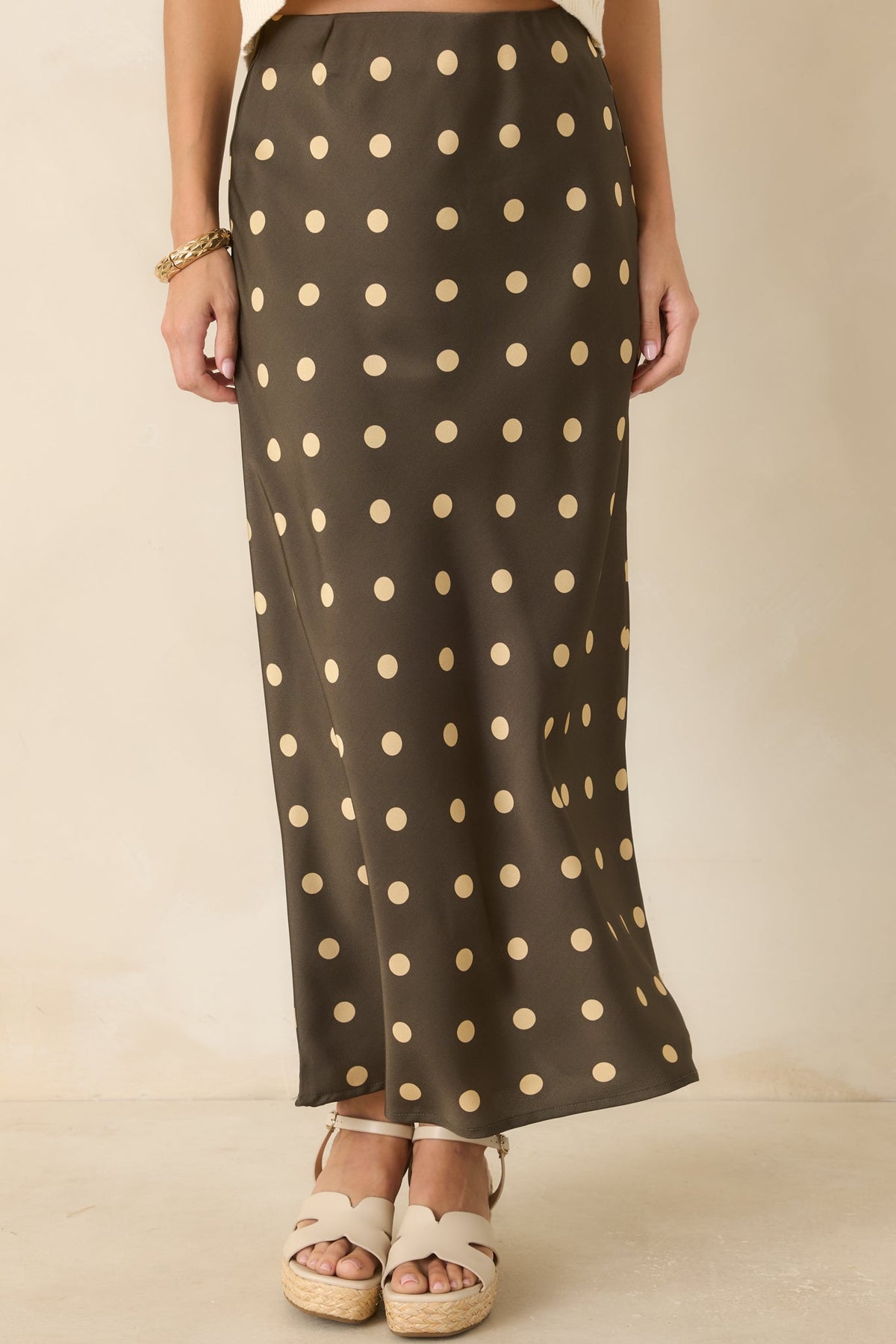 Connect the Dots Moss Green Polka Dot Satin Maxi Skirt