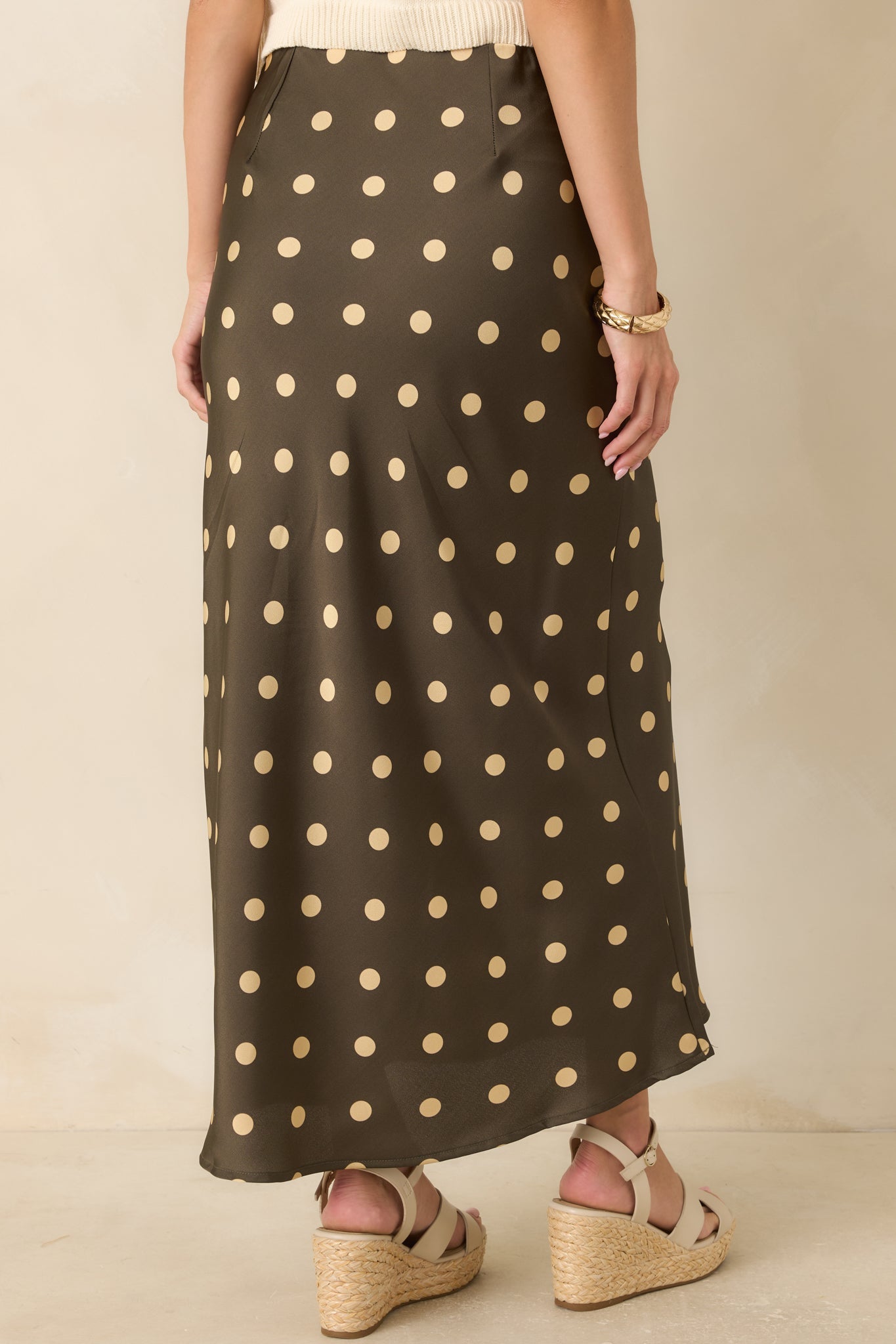 Connect the Dots Moss Green Polka Dot Satin Maxi Skirt