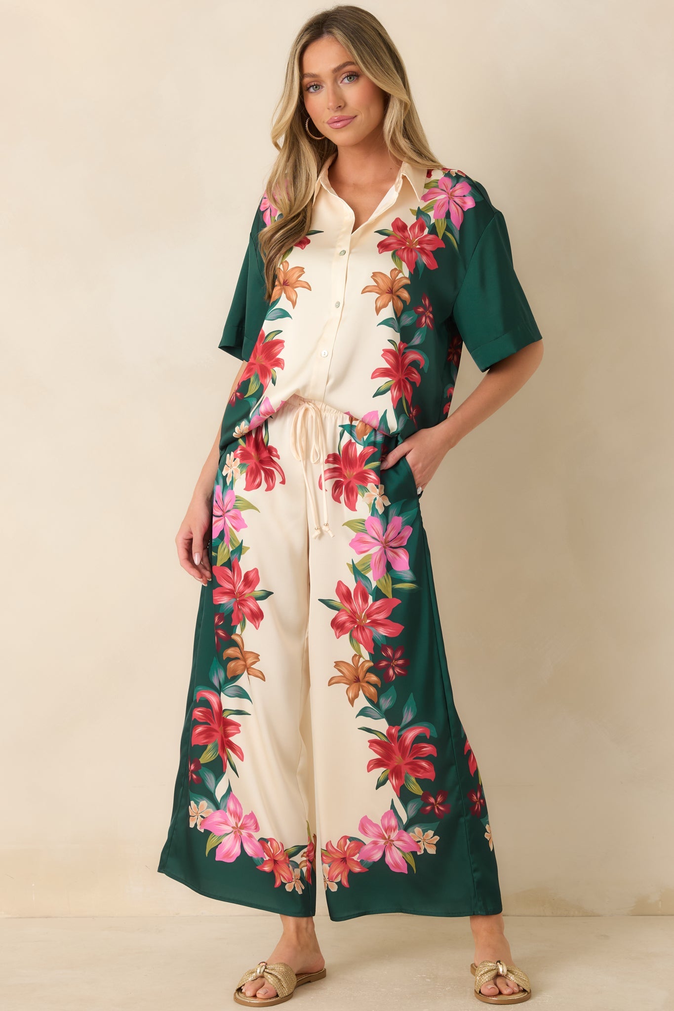 Z Supply Lani Kiwi Teal Multi Floral Wide Leg Pants
