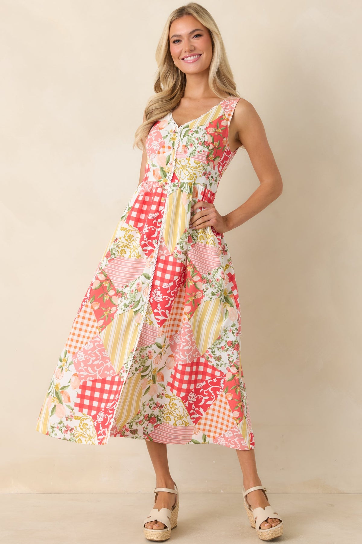 Sweet on Sunshine Red Multi Patchwork Print Midi Dress