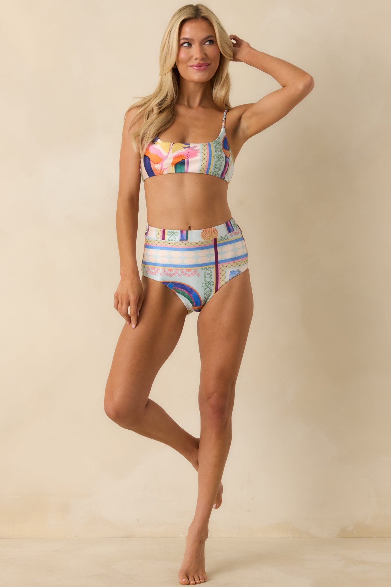 MINKPINK Elysia White Multi Tropical Tile Print Braid Strap Bikini Top