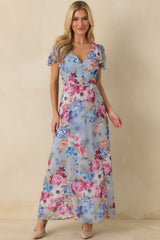 Fate Finds a Way Blue Multi Floral V-Neck Flutter Sleeve Maxi Dress