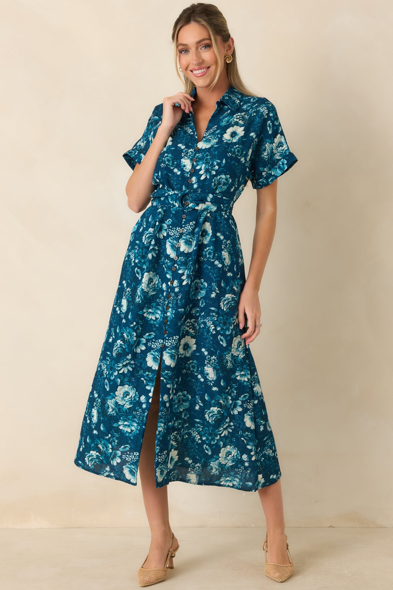 You'll See Soon Dark Teal Multi Floral Print Belted Midi Shirt Dress