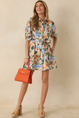 Retro Riviera Multi Tropical Print Tie-Belt Mini Shirt Dress