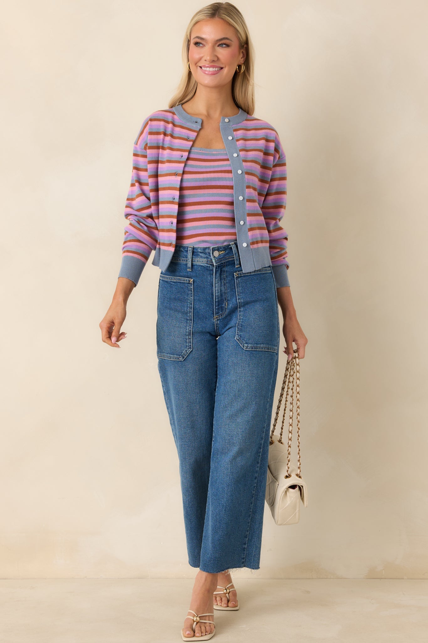 FRNCH Adria Light Blue Multi Stripe Cardigan