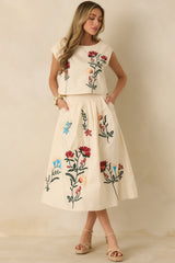 Found Treasures Natural Multi Floral Embroidered Midi Skirt