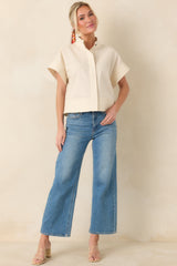 Pretty In Power Natural Cotton Linen Button-Front Mock Neck Top