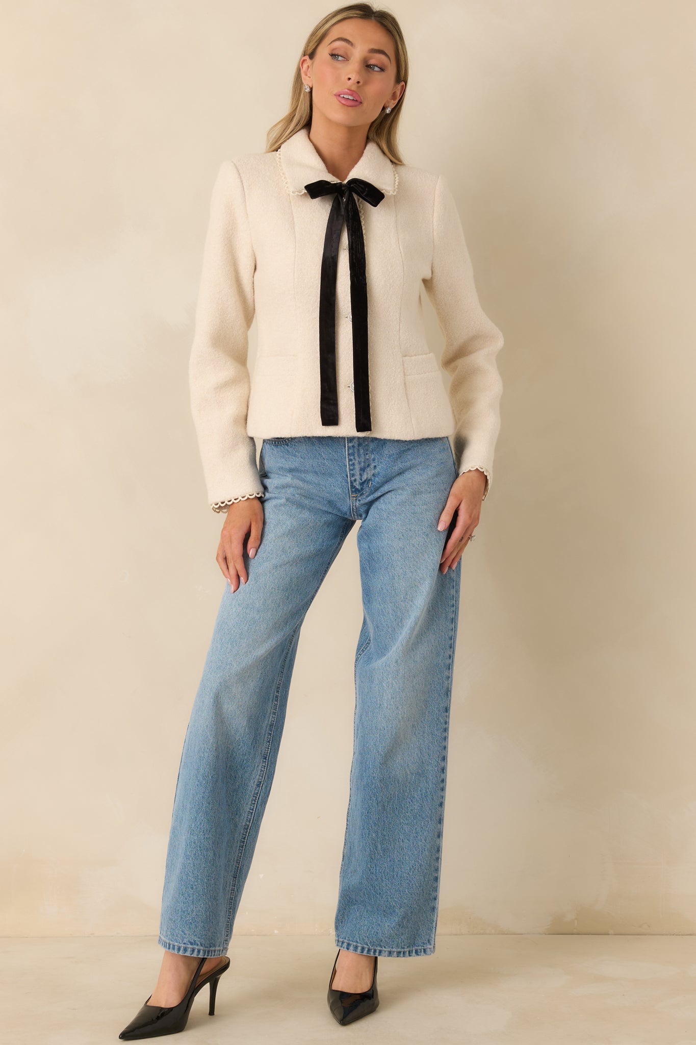Held Together Natural Wool Blend Pearl Button & Velvet Tie Jacket