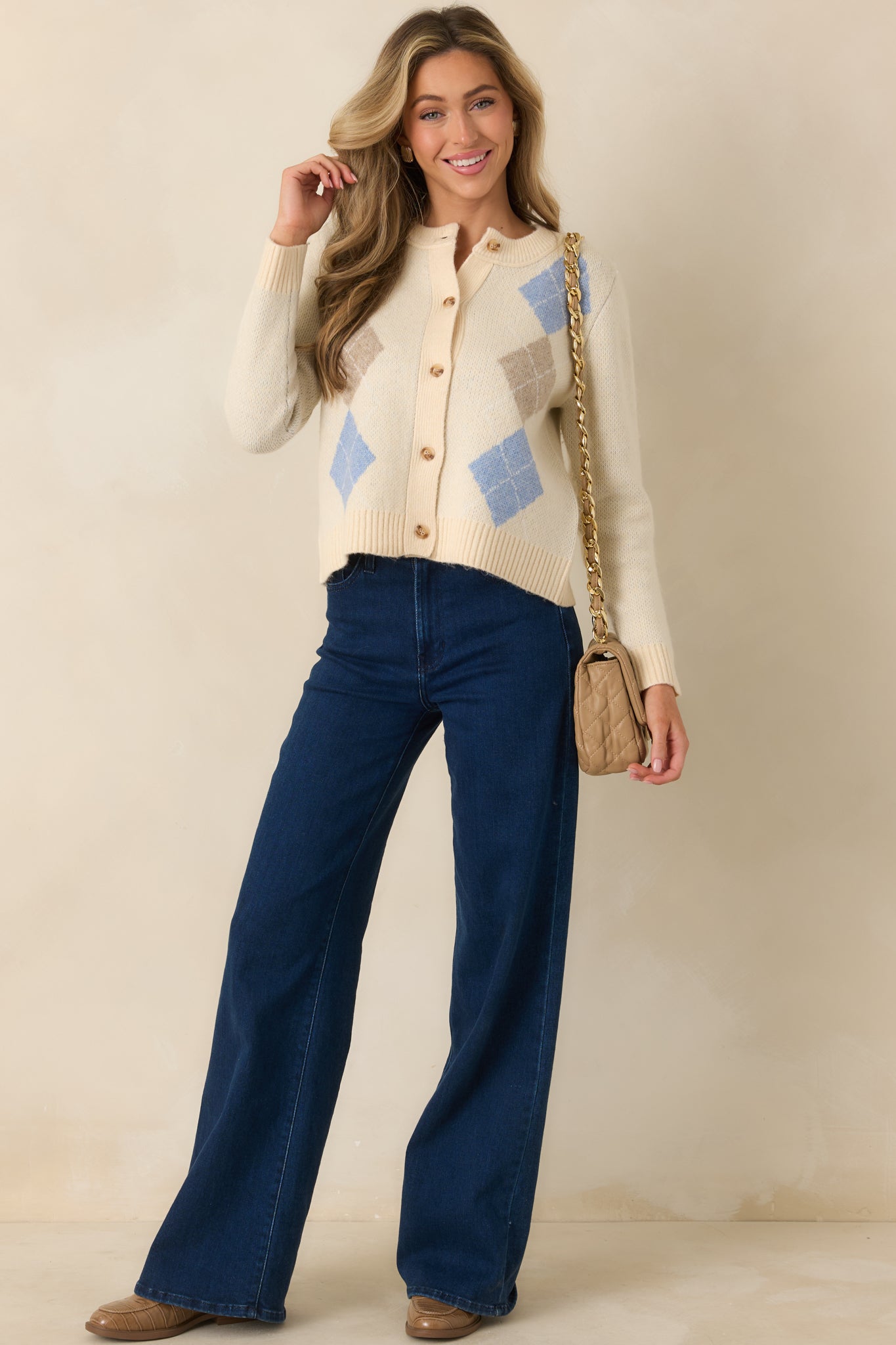 Goes Without Saying Natural Multi Knit Argyle Button Up Cardigan Sweater