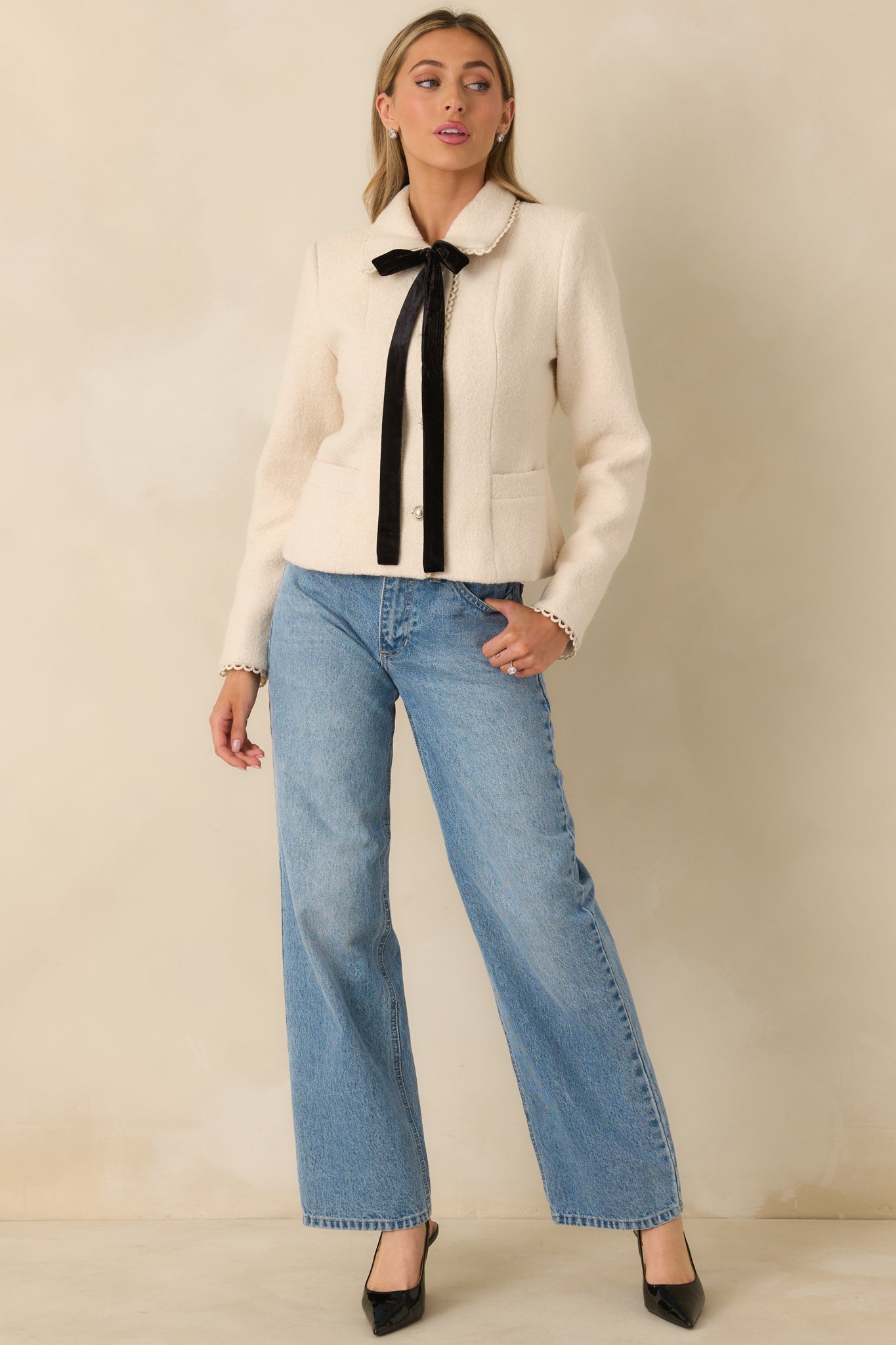Held Together Natural Wool Blend Pearl Button & Velvet Tie Jacket