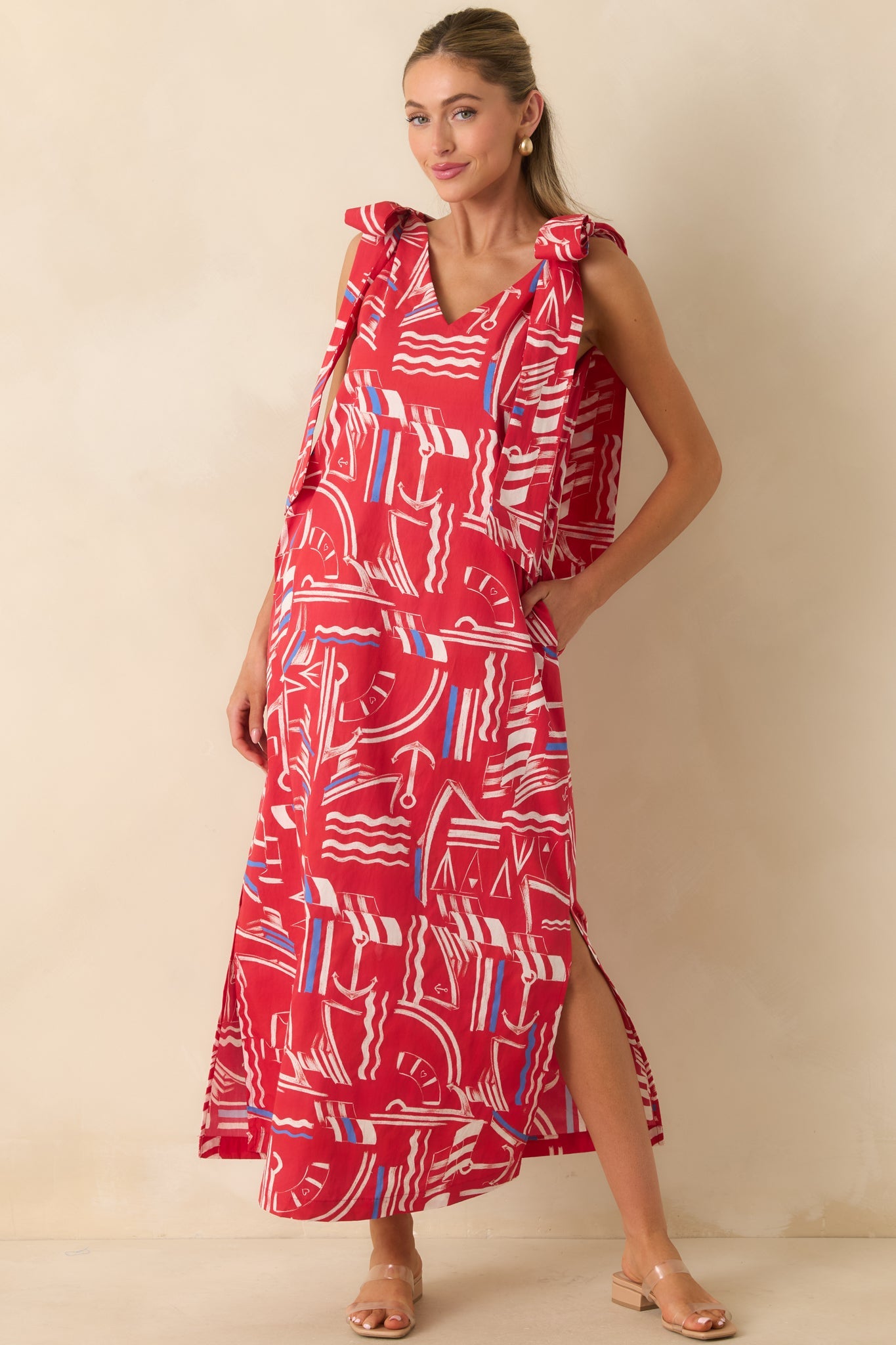 Prosperina Arden Red Multi Yacht Club Cotton Maxi Dress