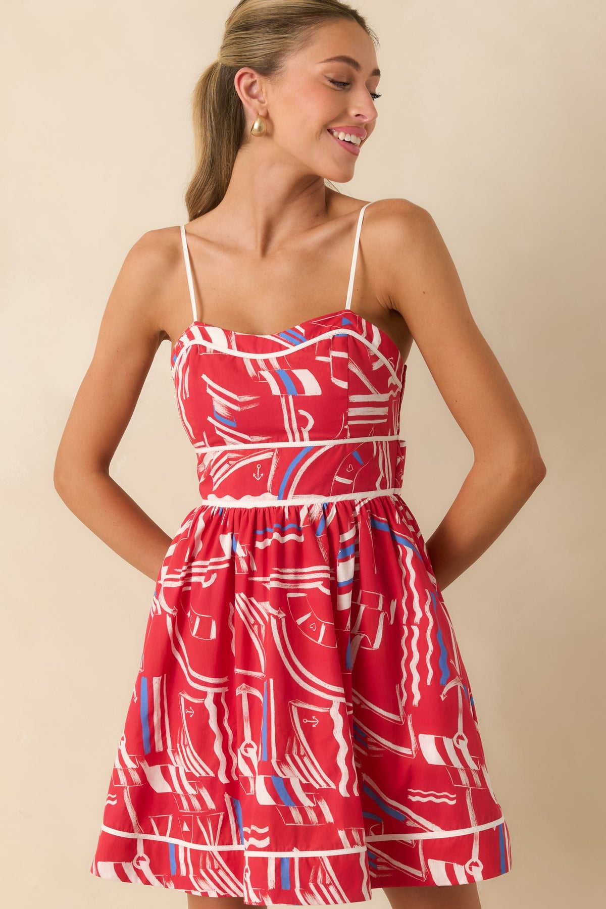 Prosperina Veronica Red Multi Yacht Club Cotton Mini Dress