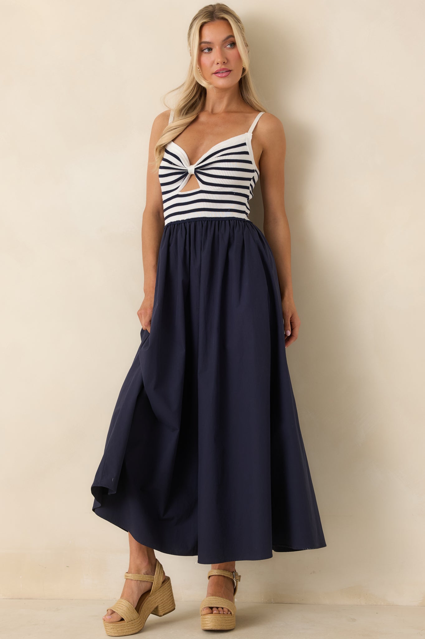 Exactly Like This Navy Stripe Ribbed Knit Cutout Cotton Maxi Dress