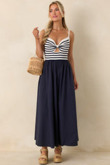 Exactly Like This Navy Stripe Ribbed Knit Cutout Cotton Maxi Dress