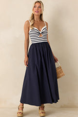 Exactly Like This Navy Stripe Ribbed Knit Cutout Cotton Maxi Dress