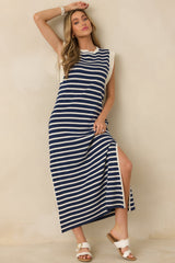 Keep It Straight Navy Stripe Stretch Knit Maxi Dress