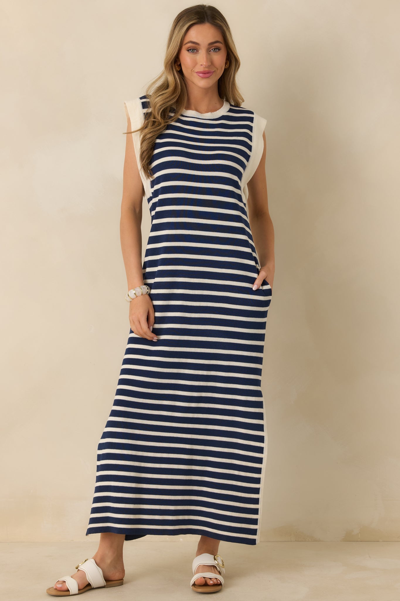 Keep It Straight Navy Stripe Stretch Knit Maxi Dress