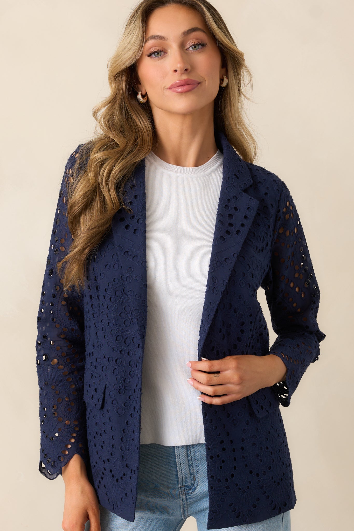 In Your Element Navy Cotton Embroidered Eyelet Blazer