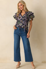 The Rest Is Certain Navy Multi Print Cotton Ruffle Sleeve Blouse