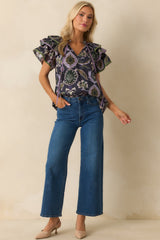 The Rest Is Certain Navy Multi Print Cotton Ruffle Sleeve Blouse