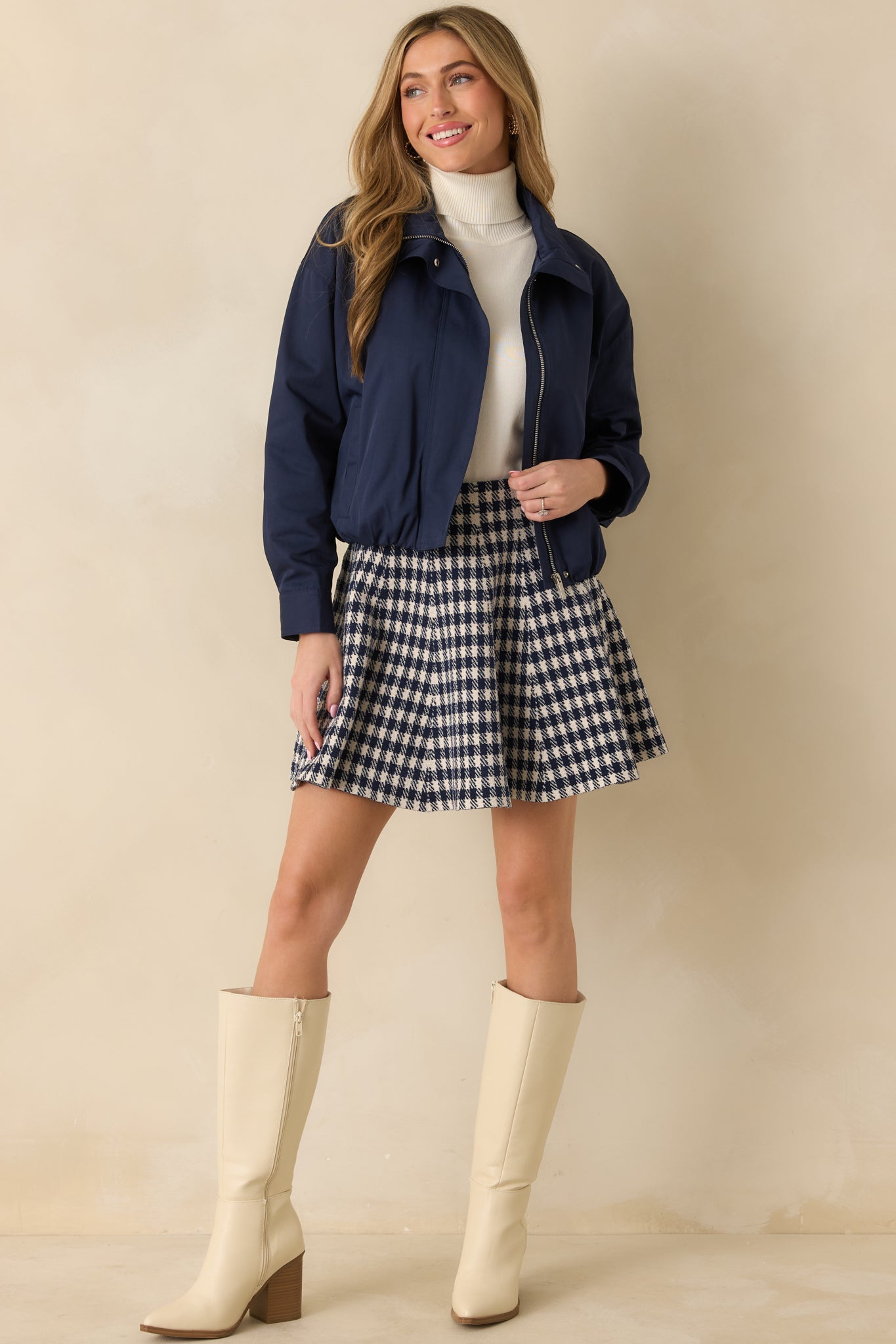Prepped For Anything Navy Blue Gingham Knit Mini Skirt
