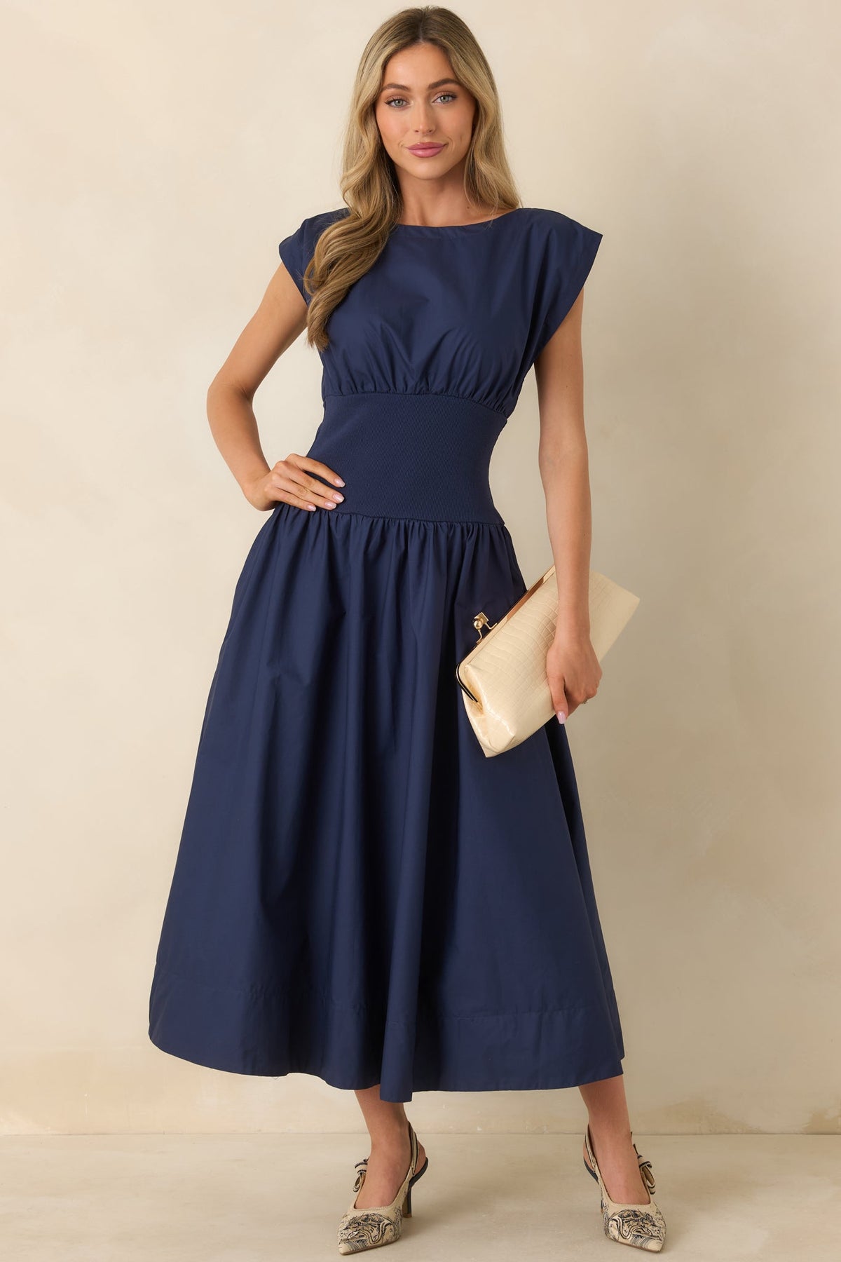 All My Devotion Navy Blue Cotton Boatneck Midi Dress